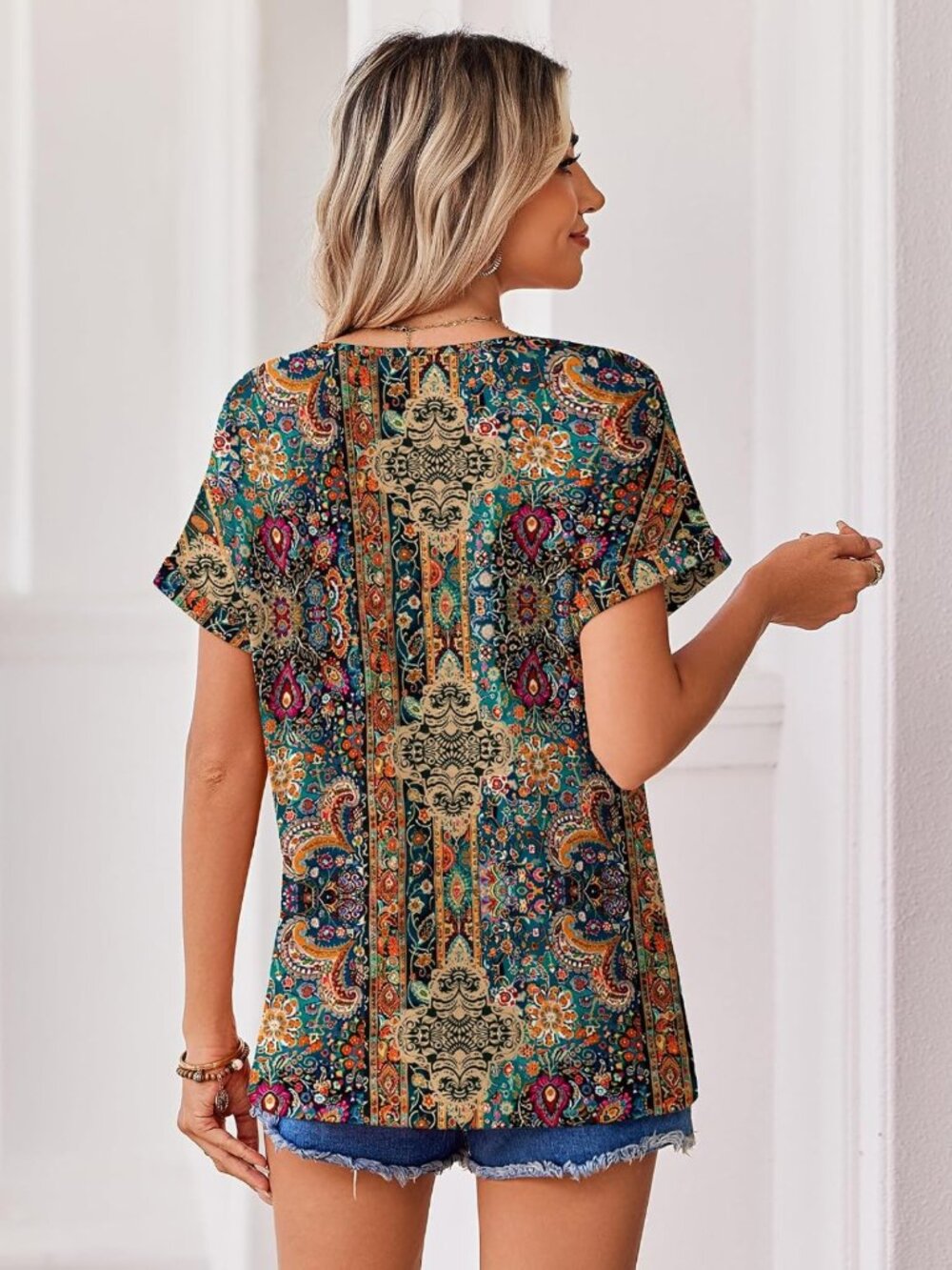 Stylish Women's Summer Tops - Rolled Short Sleeve Dressy Casual Blouses - Picture 6 of 6
